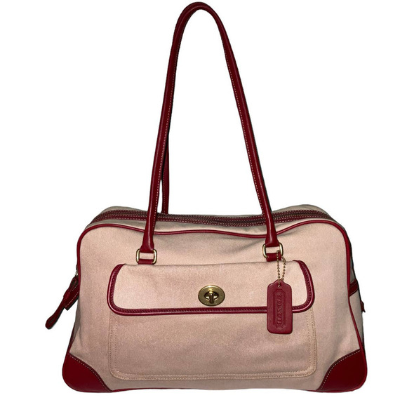 Coach Vintage Linen Tote Leather trim Two Tone Handbag Made in Costa Rica Rare - Picture 1 of 16